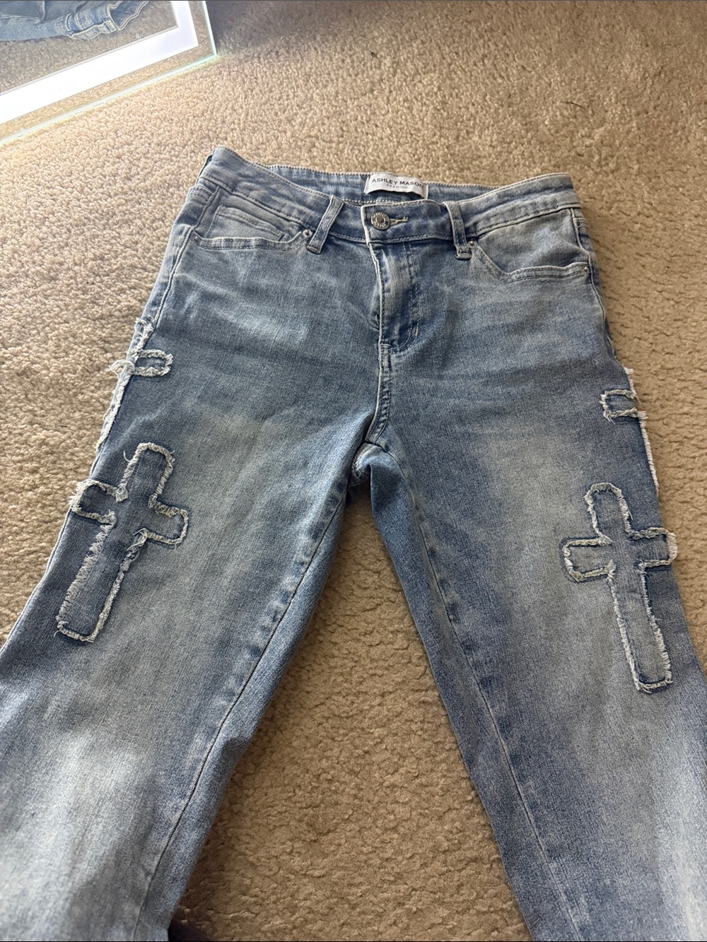 Ashley Mason Washed Blue Flare Jeans with Distressed Cross Patches